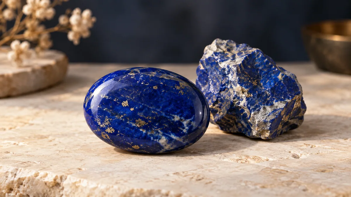 Ilustrație: Lapis lazuli albastru cu mici incluziuni aurii de pirită