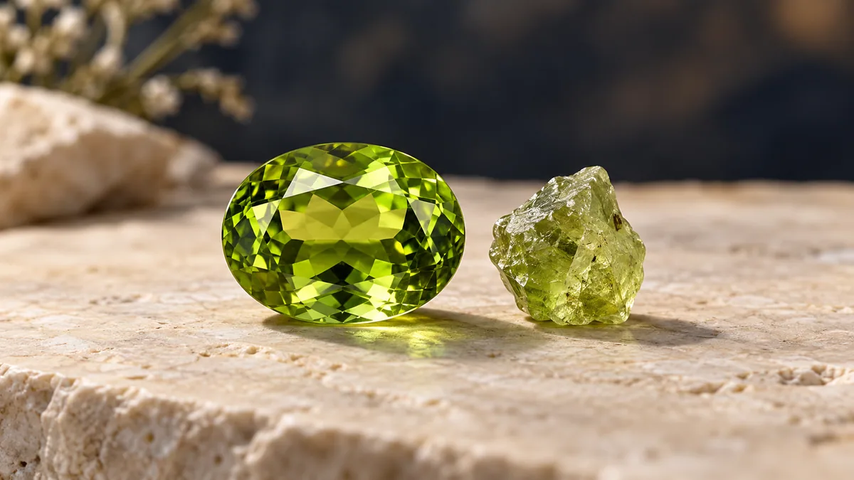Ilustrație: Peridot oval galben-verde lângă un cristal de olivină