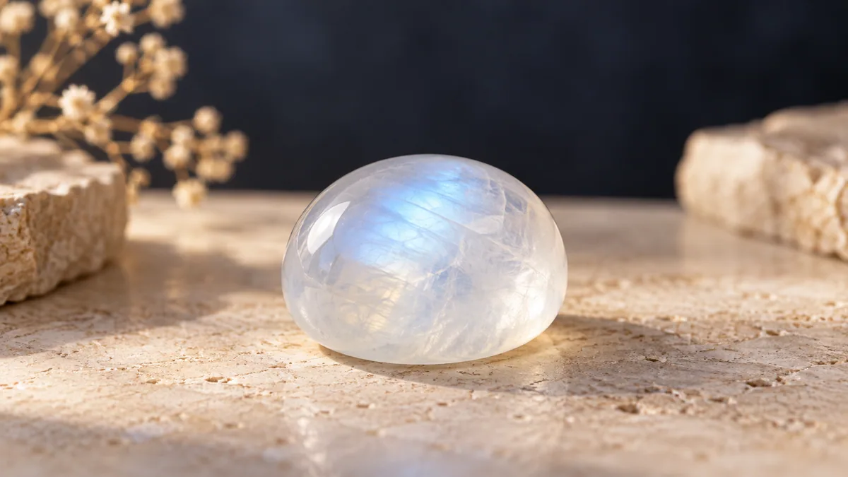 Ilustrație: Cabochon lăptos de piatra lunii cu reflex albastru