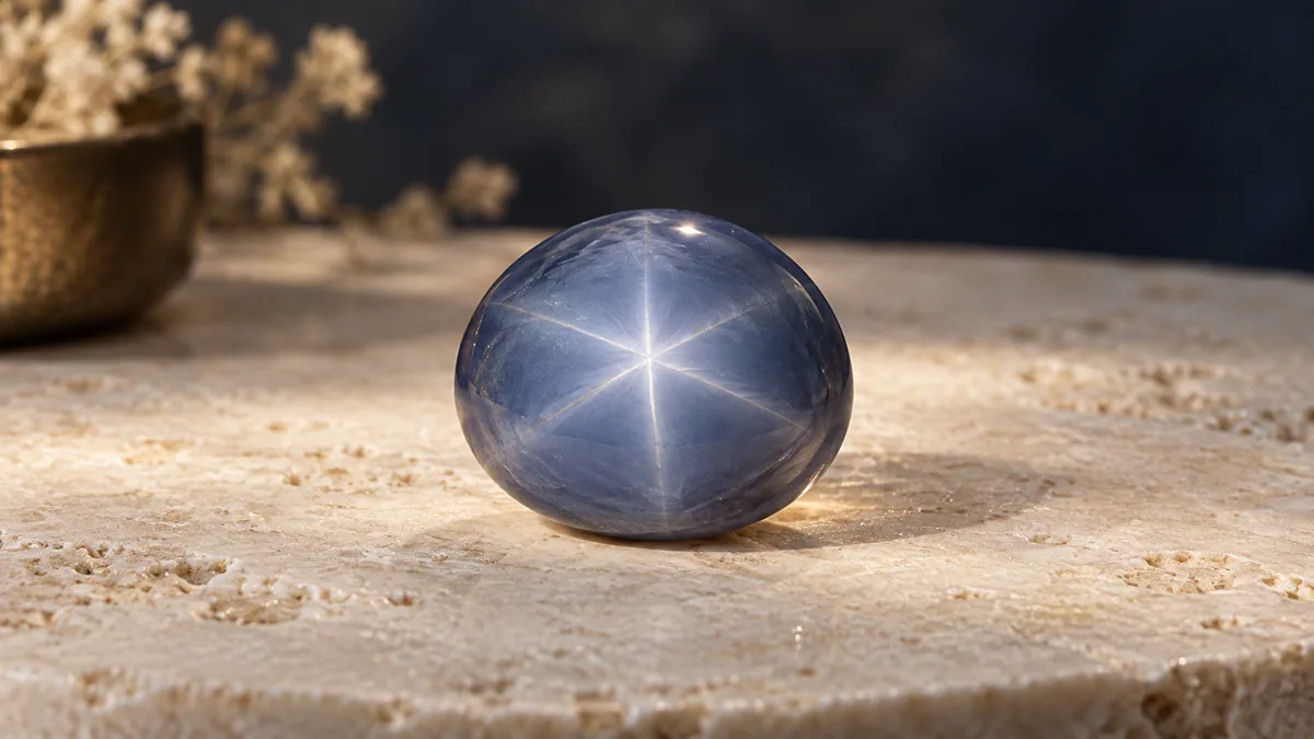 Ilustrație: Cabochon de safir albastru-cenușiu cu o stea luminoasă cu șase raze